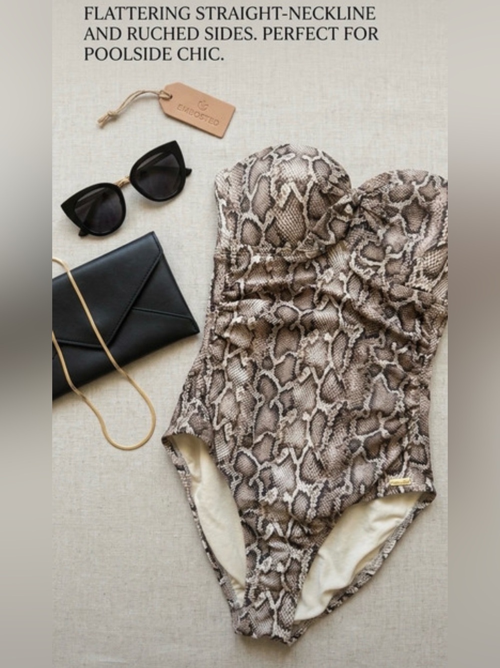 Kona Sol Beige and Tan Snake-Print Strapless Suit